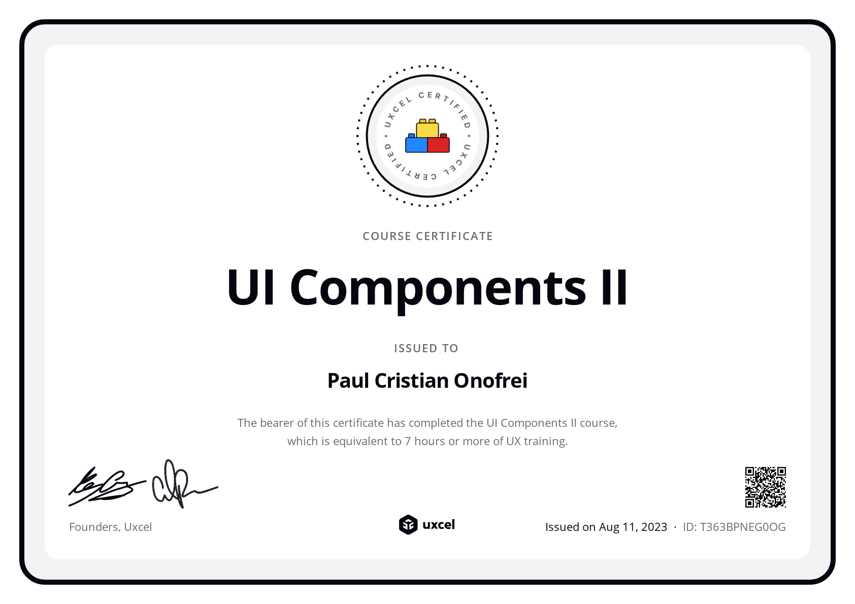 Paul Cristian Onofrei's certificate